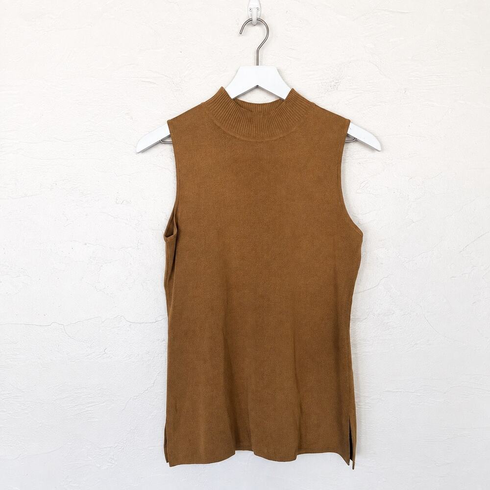Misook Camel Brown 100% Acrylic Mock Neck Knit Shell S Quiet Luxury